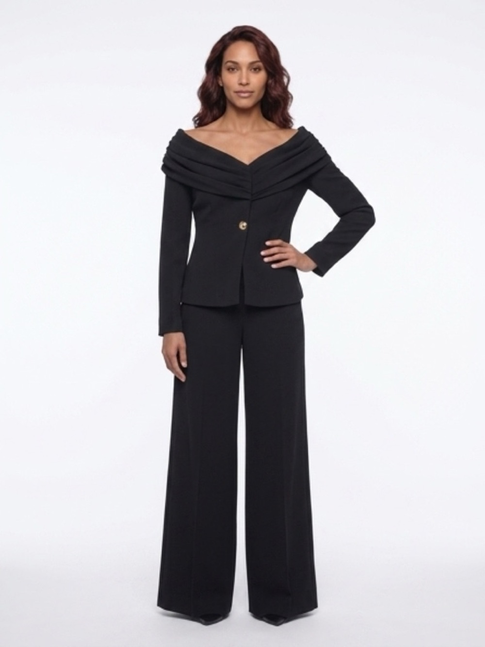 Black Off-Shoulder Wide Leg Suit 2 piece Set.